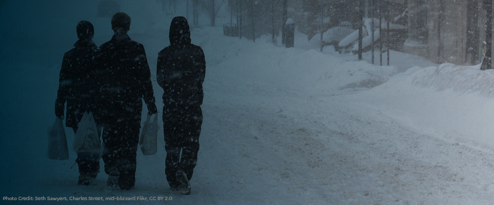 Cover with three people walking in the snow with grocery bags.